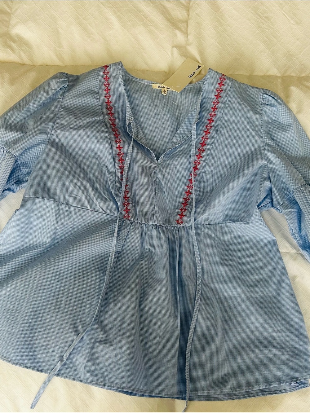 Light Blue Embroidered Peasant Blouse